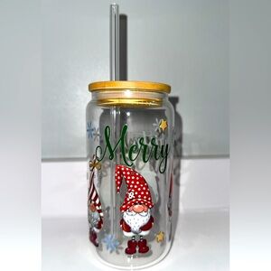Holiday Gnome Glass Tumbler with Straw - Green and Red